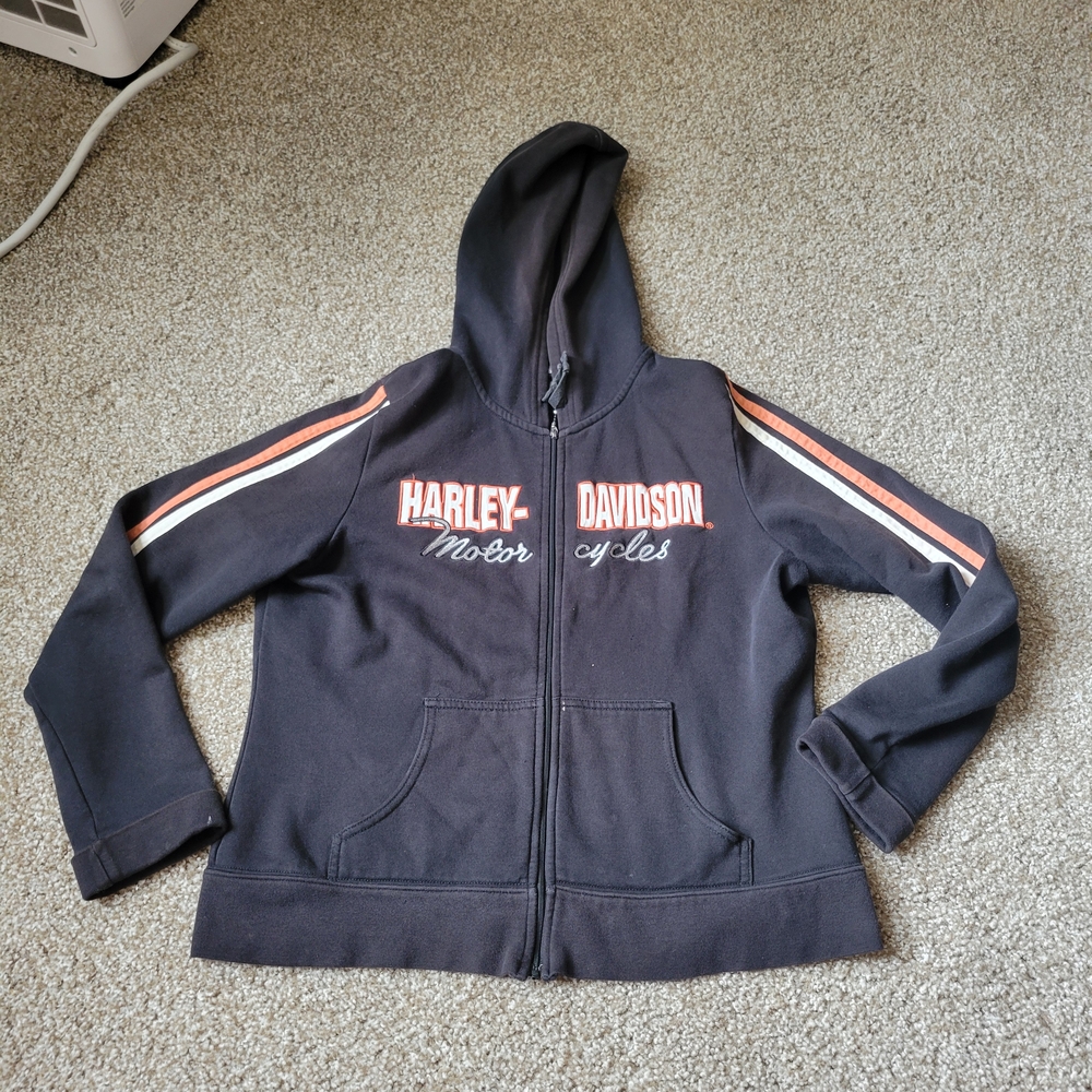 Harley Davidson Hoodie Full Zip Women's Sz XL Black Orange Striped